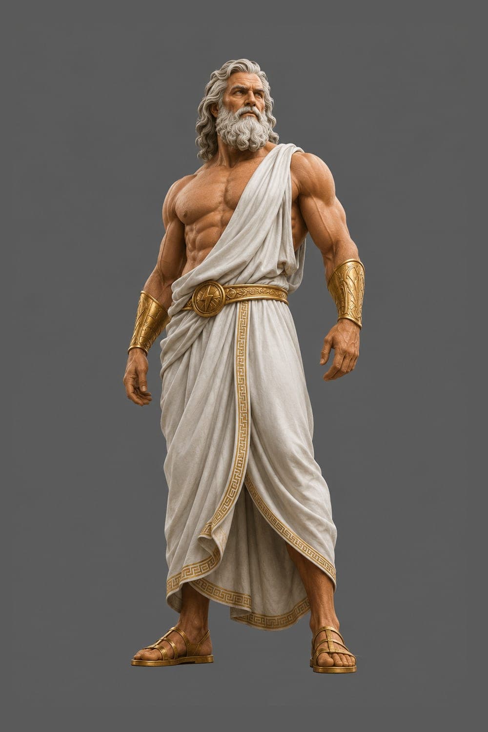 Digital painting of Zeus in a white toga with gold trim, standing full length on a grey background