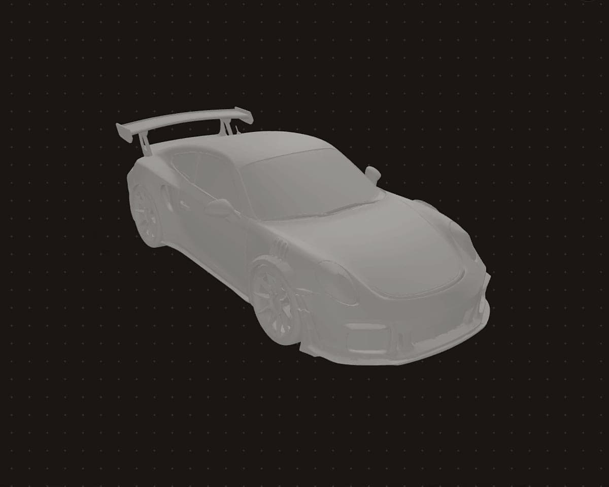 A sports car as a grey 3D model in PartDrop's online 3D viewer, before it is printed